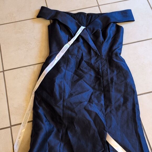 NWT Alfred Sung Off-The-shoulder Cuff Trumpet  Gown Slit Midnight Navy Blue 12 - Picture 2 of 13